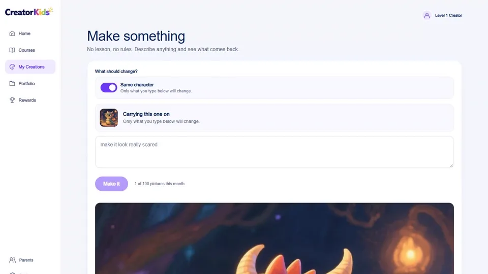 The CreatorKids creator screen with a small dragon character that has just been made