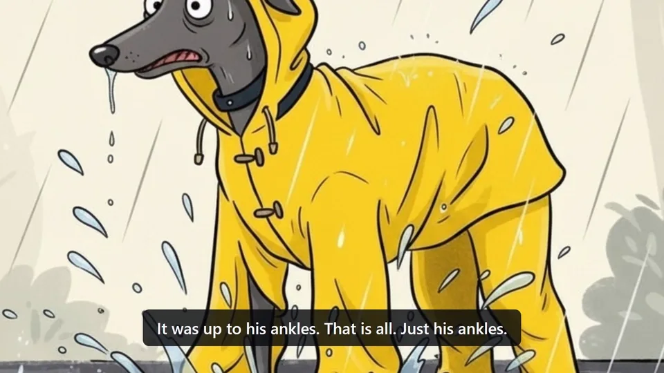 A frame from a finished demonstration cartoon: a greyhound in a yellow raincoat in the rain