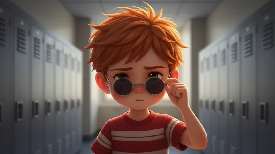 Close-up of the demonstration trailer’s hero, a small boy lowering tiny round sunglasses in a school corridor
