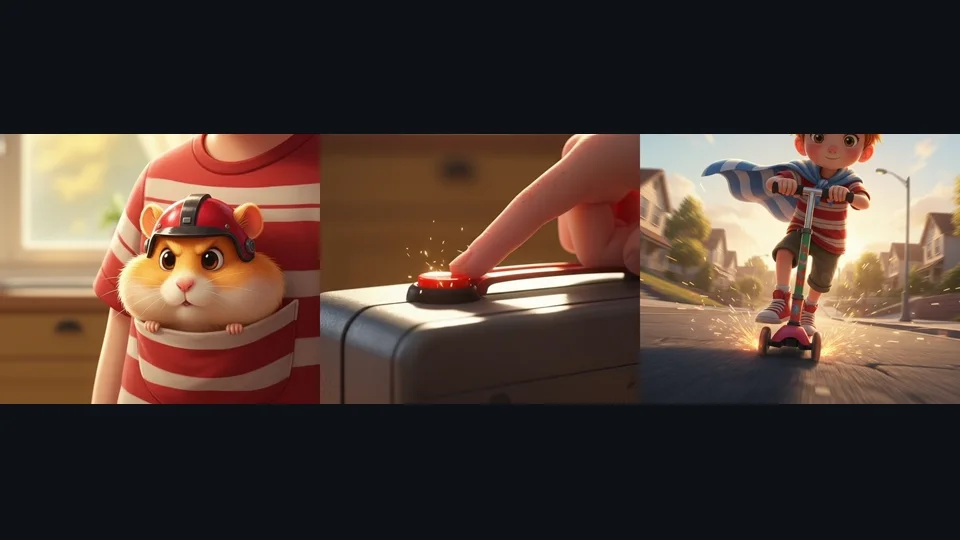 Three fast shots from the demonstration trailer side by side: a hamster in a crash helmet, a finger on a red button, a scooter throwing sparks